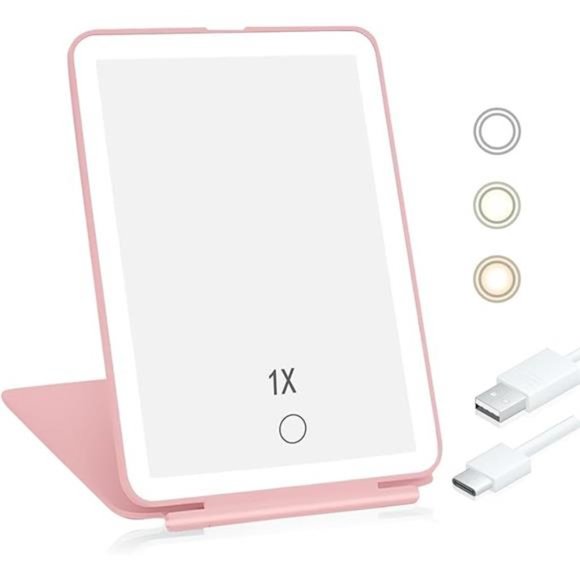 Travel Mirror for Makeup, Rechargeable Light up Pink Mirror with 72 LED Lights - Picture 8 of 8